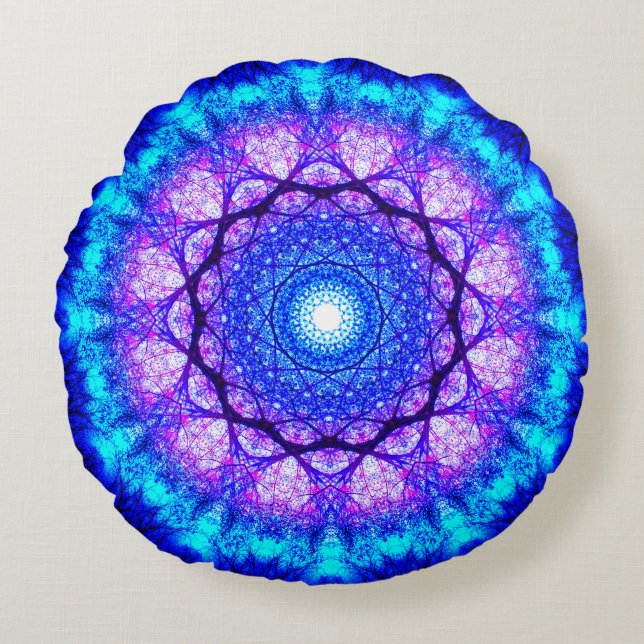 Almofada Redonda Mandala azul e roxa brilhante (Frente)