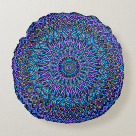 Almofada Redonda Mandala Boho Blue Teal Purple Pavão Dourado Magia