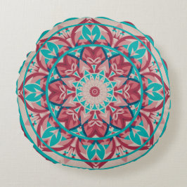 Almofada Redonda Mandala Boho Rosa e Turquesa  
