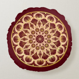 Almofada Redonda Mandala Bordeauxvermelho Dourado sobre Fundo Borde