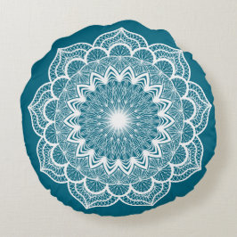 Almofada Redonda Mandala Branco em Fundo Azul