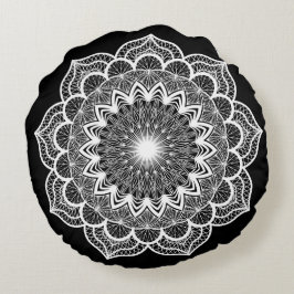 Almofada Redonda Mandala Branco em Fundo Preto