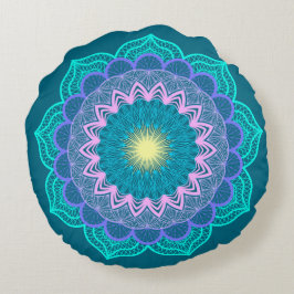 Almofada Redonda Mandala Colorida em Fundo Azul