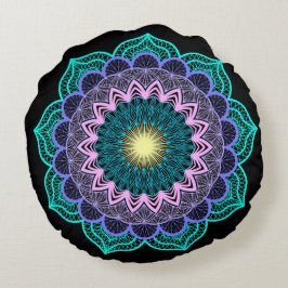 Almofada Redonda Mandala Colorida em Fundo Preto