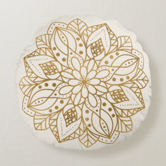 Almofada Redonda Mandalá da Natureza em Ouro Personalizado