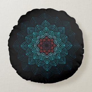 Almofada Redonda Mandala de Flor Aqua e Vermelha