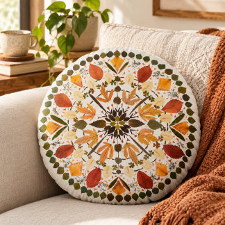 Almofada Redonda Mandala de Flor Pressionada l Floral Botânico Outo