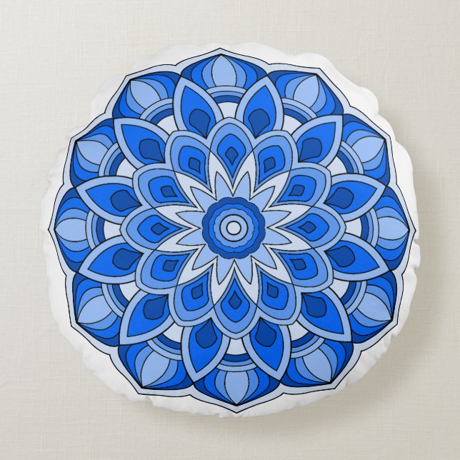 Almofada Redonda Mandala em azul (Frente)