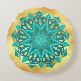 Almofada Redonda Mandala Estrela Azul Dourado em Fundo Dourado Suav
