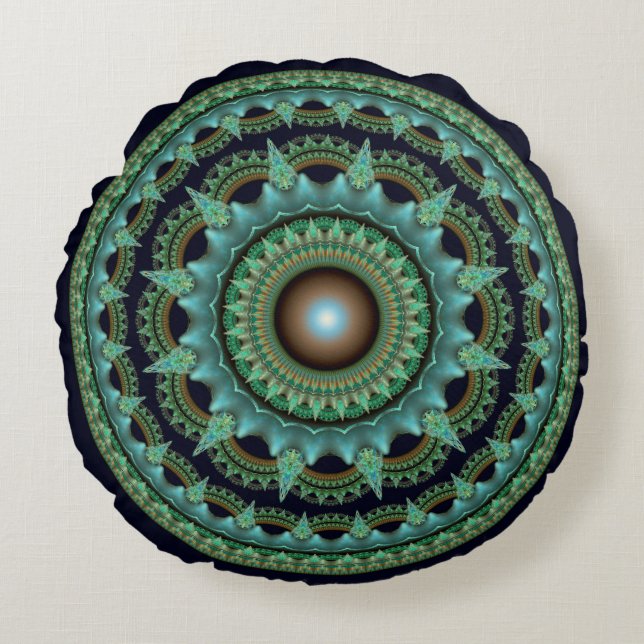 Almofada Redonda Mandala estrelar fractal brilhante (Frente)