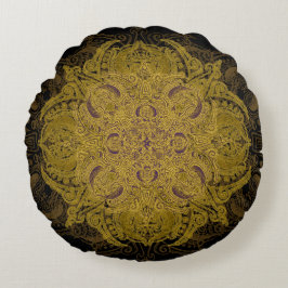 Almofada Redonda Mandala filigrana de Mehndi do ouro amarelo no