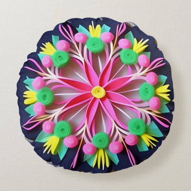 Almofada Redonda Mandala Flor Colorida (Frente)