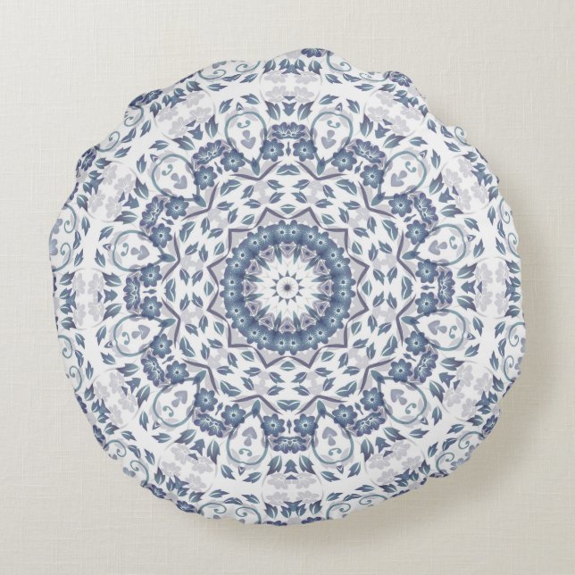 Almofada Redonda Mandala Floral Azul Empoeirado (Verso)
