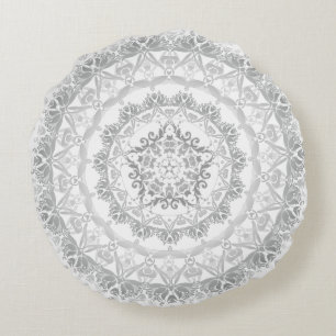 Almofada Redonda Mandala Floral Damasco Branco Cinza