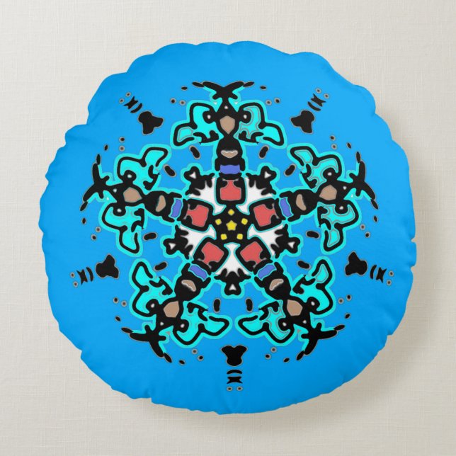 Almofada Redonda Mandala Floral Sem Costura Turquesa (Frente)