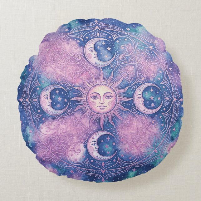 Almofada Redonda Mandala Galáxia Nebulosa do Sol e da Lua Celeste (Frente)
