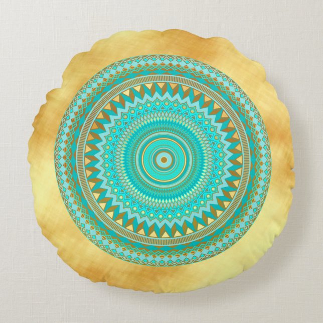 Almofada Redonda Mandala Íris Azul Marrom Dourado em Fundo Dourado (Frente)
