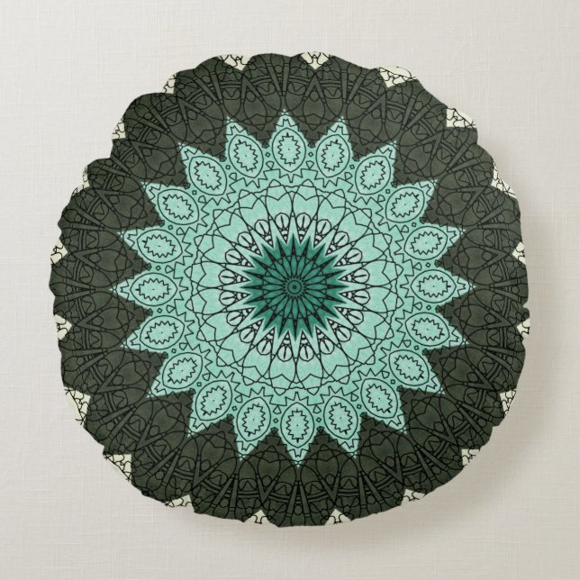 Almofada Redonda Mandala Kaleidoscópio em Verde e Azul (Frente)