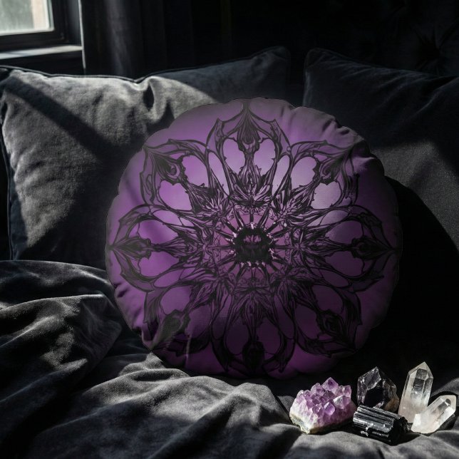Almofada Redonda Mandala Místico Roxo Gótico Escuro (Criador carregado)