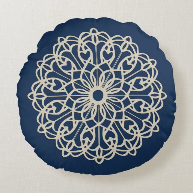 Almofada Redonda Mandala Ornamentada Azul Escuro (Frente)