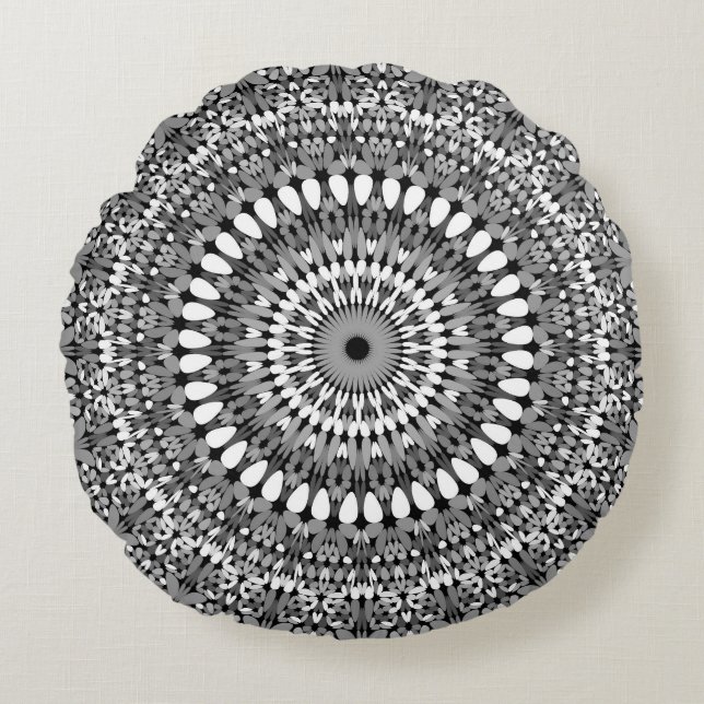 Almofada Redonda Mandala ornamentado cinzenta do cascalho (Frente)