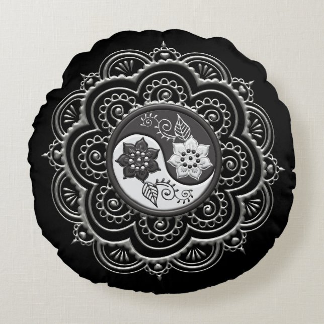 Almofada Redonda Mandala Prata e Preto (Frente)