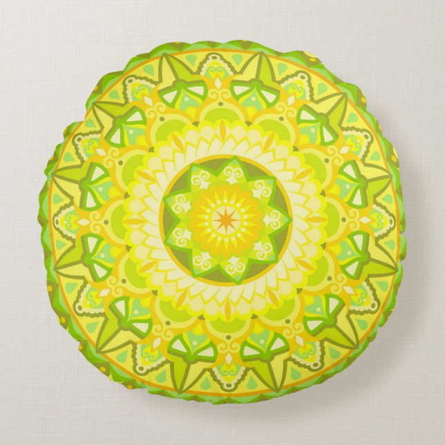 Almofada Redonda Mandalá Primavera Verde Amarelo Boho Floral (Frente)