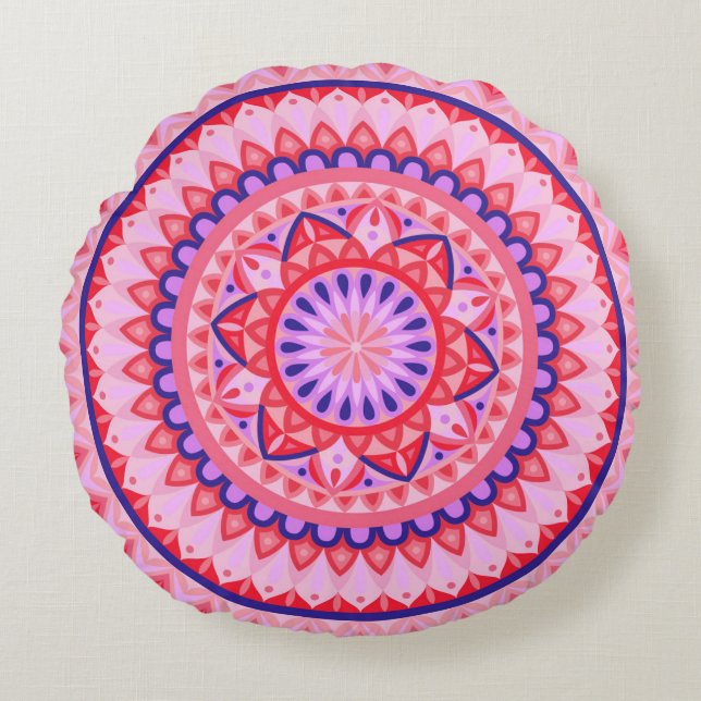 Almofada Redonda Mandala Rosa Boho Vibrante Padrão Geométrico do Am (Frente)