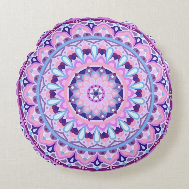 Almofada Redonda Mandalá Roxo Boho Aconchegante Meditação Geométric (Frente)
