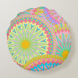 Almofada Redonda Mandala Sobreposta Rosa Azul Amarelo Verde-Menta R