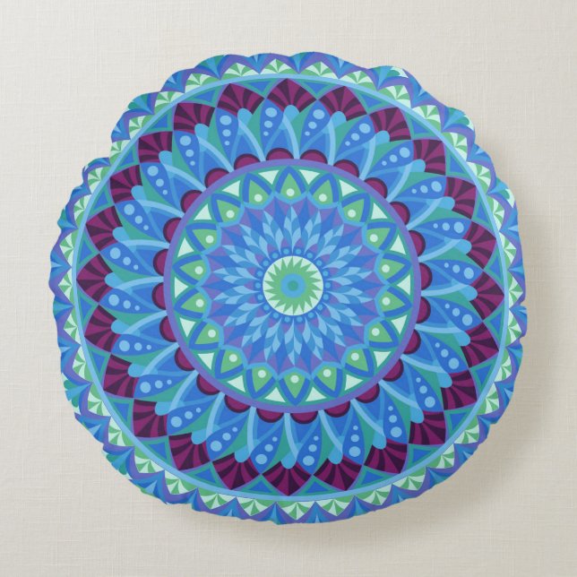 Almofada Redonda Mandala Sonhos da Meia-Noite Azul Boho Zen (Frente)