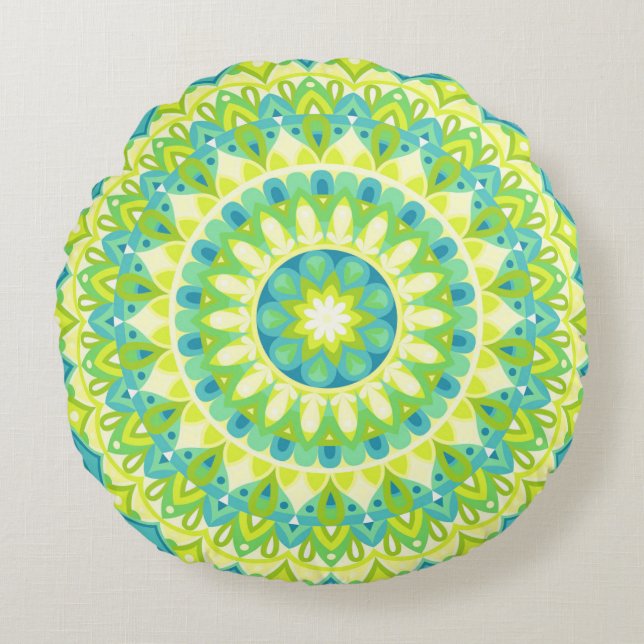 Almofada Redonda Mandala Verde Inspirado na Natureza Boho Pacífico  (Frente)
