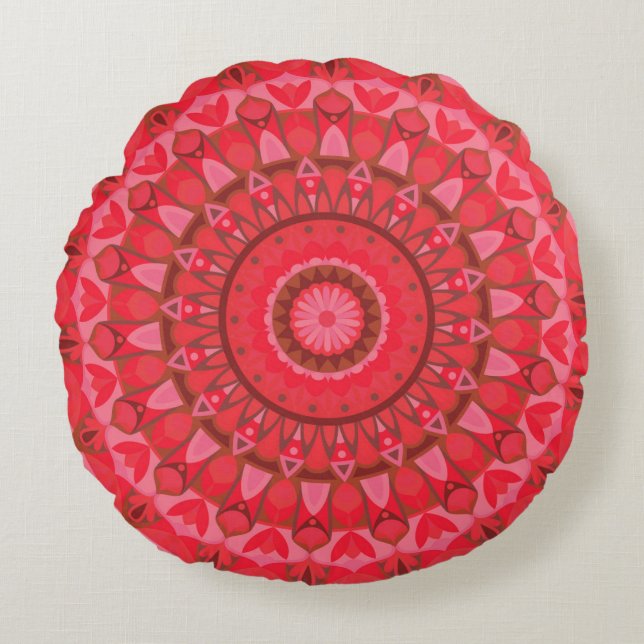 Almofada Redonda Mandala Vermelha Boho Geométrico Decoração de Afir (Frente)