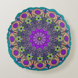 Almofada Redonda Mandala Violeta Pêssego Salmão Rosa Verde
