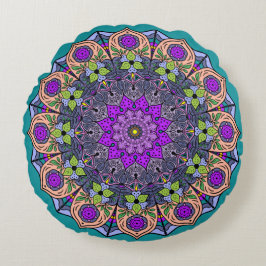 Almofada Redonda Mandala Violeta Pêssego Salmão Rosa Verde
