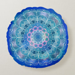 Almofada Redonda Mandala White Outline Blue Watercolor -
