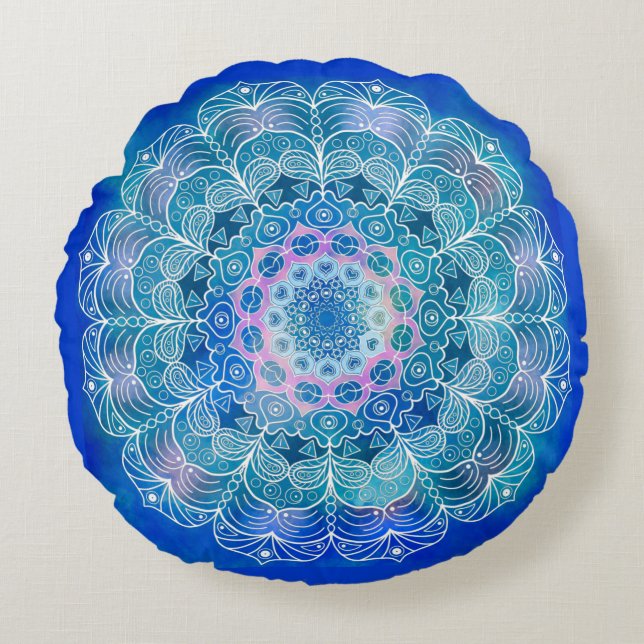 Almofada Redonda Mandala White Outline Blue Watercolor - (Frente)