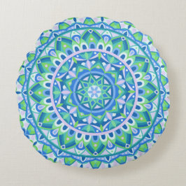 Almofada Redonda Mandalala Azul Boho Meditação Espiritual Hygge Dec
