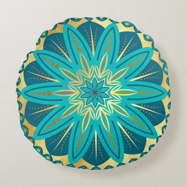 Almofada Redonda Mandalas Flor de Ouro Azul (Frente)