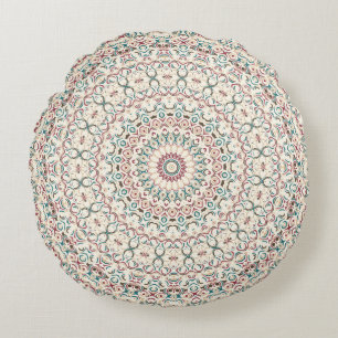 Almofada Redonda Mandalas Geométricas Intrincadas em Turquesa, Rosa