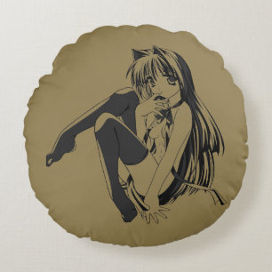 Almofada Redonda Mangá, Gata Neko Garota Felina Kawaii Loli