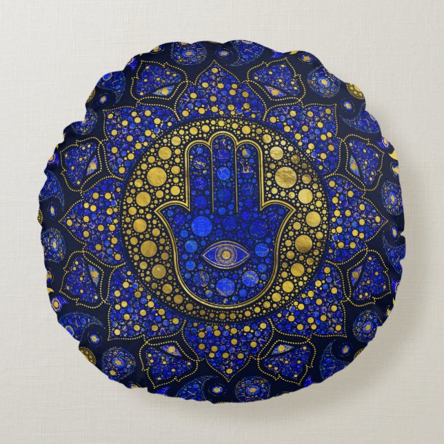 Almofada Redonda Mão de Hamsa - Mão de Fátima Dot Art Lapis Lazuli (Frente)