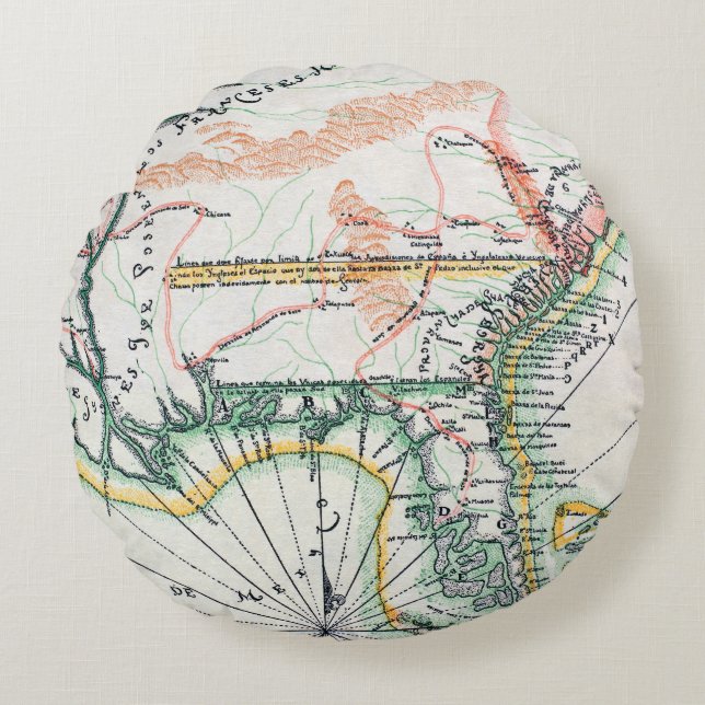 Almofada Redonda Mapa: America do Norte, 1742 (Frente)