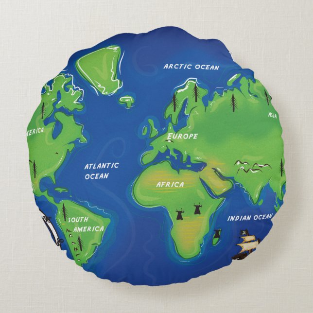 Almofada Redonda Mapa Antigo do Mundo. (Verso)