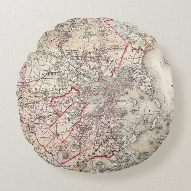 Almofada Redonda Mapa: Boston, 1883 (Frente)