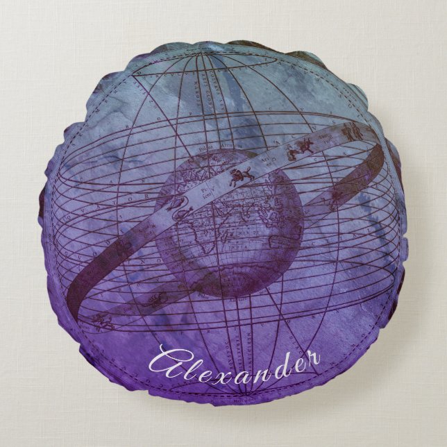 Almofada Redonda Mapa Celestial Azul Oceano Roxo Personalizado (Frente)