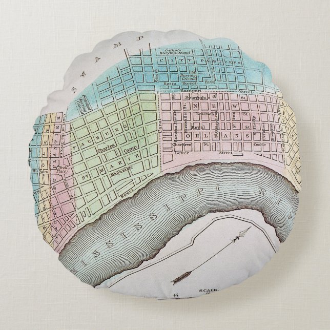 Almofada Redonda Mapa de Nova Orleães, 1837 (Frente)