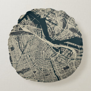 Almofada Redonda Mapa do Vintage Amsterdam: Retrominimalista