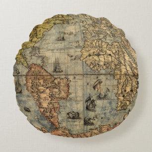 Almofada Redonda Mapa Mundial Vintage Atlas Antiquado Histórico