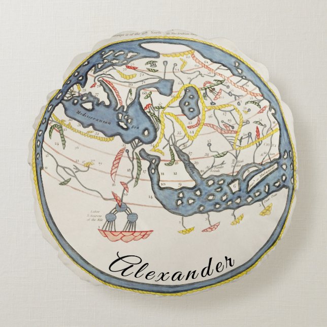 Almofada Redonda Mapa Náutico Rústico Vintage Personalizado (Frente)